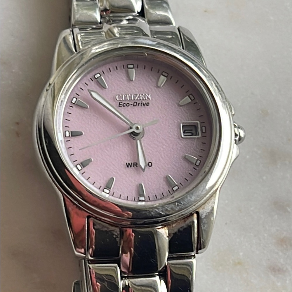 Citizen Eco-Drive Silver and Pink Watch. No need for battery replacement.